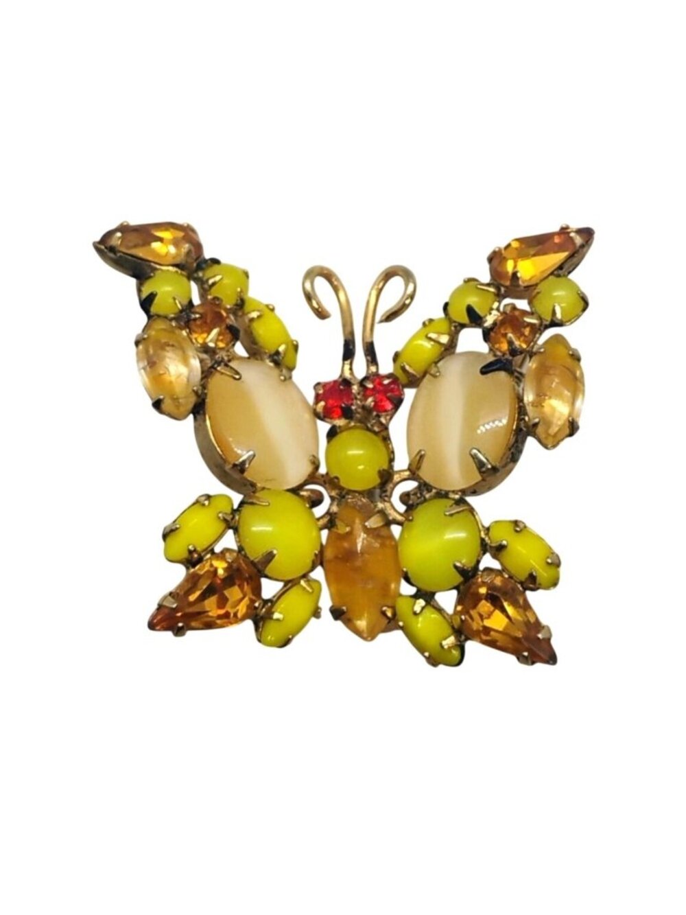 Vtg Unsigned Schreiner Butterfly Trembler Brooch Yellow Orange Rhinestone